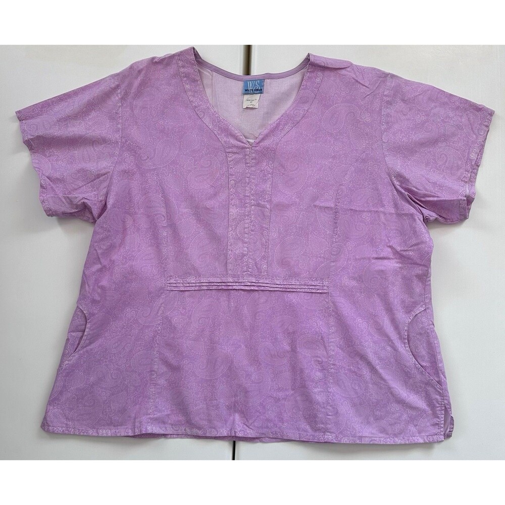White Swan Scrub Top 2X Purple Paisley V-Neck Nurse Medical Uniform
